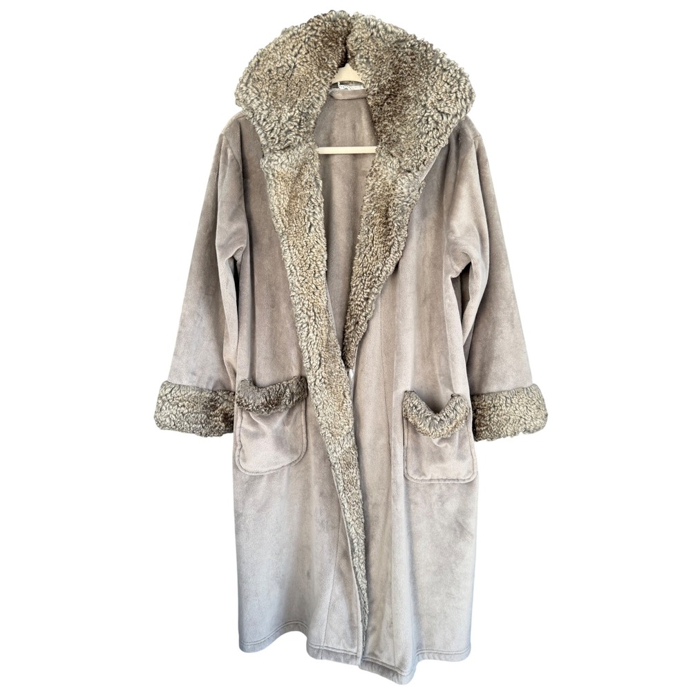 Pottery Barn‎ Plush Faux Fur Trim Robe Taupe Grey Fleece Long Loungewear HL19